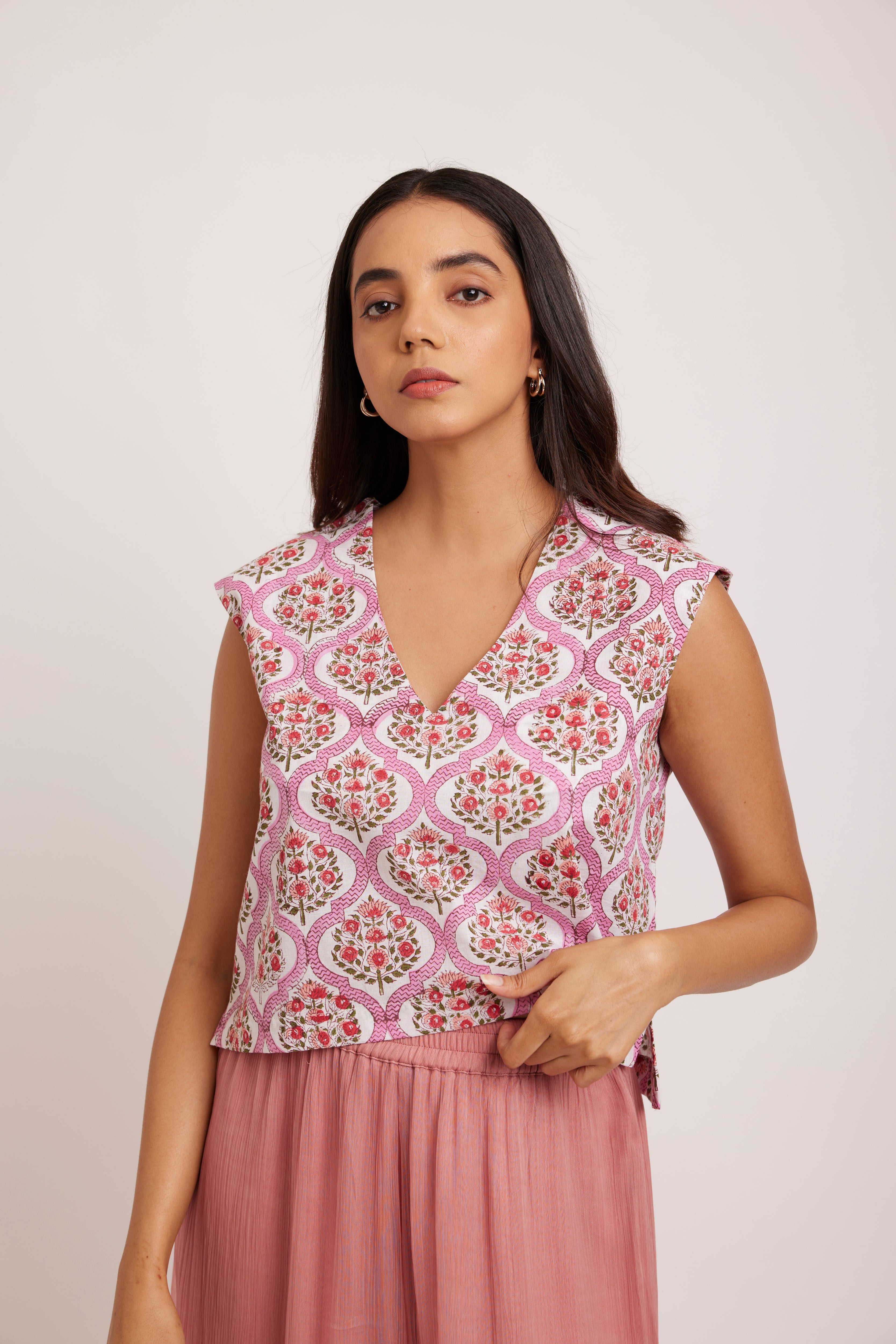 GOLBAHAR block print v-neck Top
